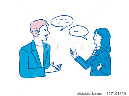 Illustration of a man and woman conversing in English Illustration of a man and woman conversing in English 137191839
