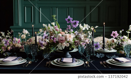 Elegant floral centerpiece adorning a dark formal dining table with lighted candles and stylish place settings 137192042