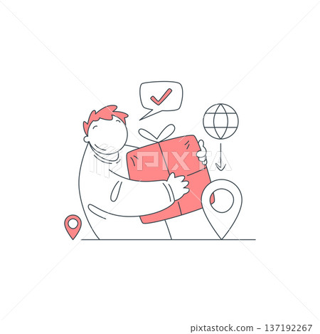 Worldwide Gift Delivery And Online Shopping Success Vector Line Art Illustration 137192267