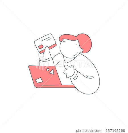 Woman Makes An Online Shopping Purchase With Credit Card Vector Line Illustration Woman Makes An Online Shopping Purchase With Credit Card Vector Line Illustration 137192268
