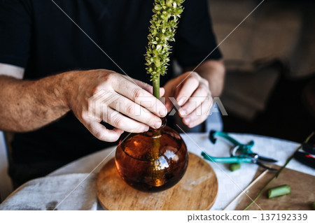 Hands carefully position green floral stalk in round glass bottle on wooden coaster. botanical minimalism, wabi-sabi design, zen home decor, single stem arrangement Hands carefully position green floral stalk in round glass bottle on wooden coaster. botanical minimalism, wabi-sabi design, zen home decor, single stem arrangement 137192339