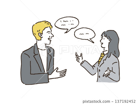 Illustration of a man and woman conversing in English Illustration of a man and woman conversing in English 137192452