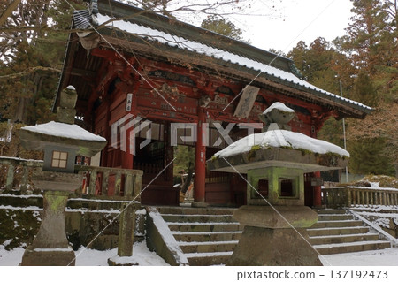 Kitaguchi Hongu Sengen Jinja Shrine in Fujiyoshida of Yamanashi Japan during the winter. This is the traditional Shinto entrance to the path to the summit of Mt. Fuji, and dates from the year 100AD 137192473