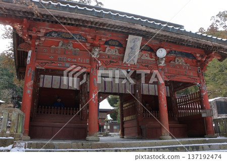 Kitaguchi Hongu Sengen Jinja Shrine in Fujiyoshida of Yamanashi Japan during the winter. This is the traditional Shinto entrance to the path to the summit of Mt. Fuji, and dates from the year 100AD Kitaguchi Hongu Sengen Jinja Shrine in Fujiyoshida of Yamanashi Japan during the winter. This is the traditional Shinto entrance to the path to the summit of Mt. Fuji, and dates from the year 100AD 137192474