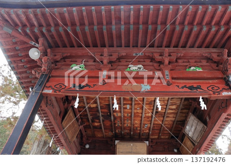 Kitaguchi Hongu Sengen Jinja Shrine in Fujiyoshida of Yamanashi Japan during the winter. This is the traditional Shinto entrance to the path to the summit of Mt. Fuji, and dates from the year 100AD 137192476