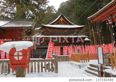 Kitaguchi Hongu Sengen Jinja Shrine in Fujiyoshida of Yamanashi Japan during the winter. This is the traditional Shinto entrance to the path to the summit of Mt. Fuji, and dates from the year 100AD 137192489