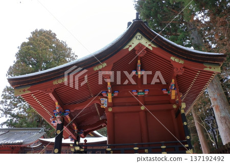 Kitaguchi Hongu Sengen Jinja Shrine in Fujiyoshida of Yamanashi Japan during the winter. This is the traditional Shinto entrance to the path to the summit of Mt. Fuji, and dates from the year 100AD 137192492