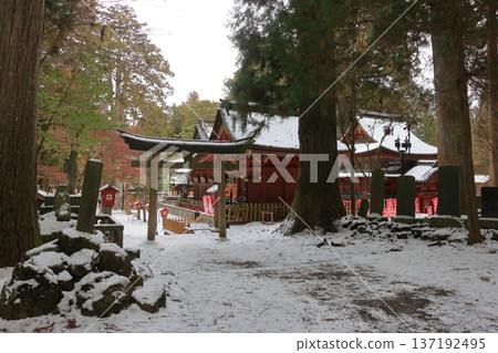 Kitaguchi Hongu Sengen Jinja Shrine in Fujiyoshida of Yamanashi Japan during the winter. This is the traditional Shinto entrance to the path to the summit of Mt. Fuji, and dates from the year 100AD 137192495