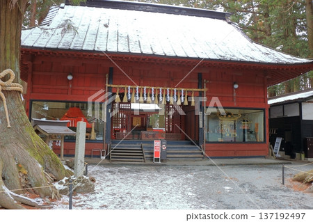 Kitaguchi Hongu Sengen Jinja Shrine in Fujiyoshida of Yamanashi Japan during the winter. This is the traditional Shinto entrance to the path to the summit of Mt. Fuji, and dates from the year 100AD Kitaguchi Hongu Sengen Jinja Shrine in Fujiyoshida of Yamanashi Japan during the winter. This is the traditional Shinto entrance to the path to the summit of Mt. Fuji, and dates from the year 100AD 137192497