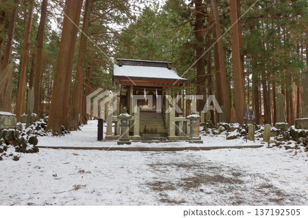 Kitaguchi Hongu Sengen Jinja Shrine in Fujiyoshida of Yamanashi Japan during the winter. This is the traditional Shinto entrance to the path to the summit of Mt. Fuji, and dates from the year 100AD 137192505