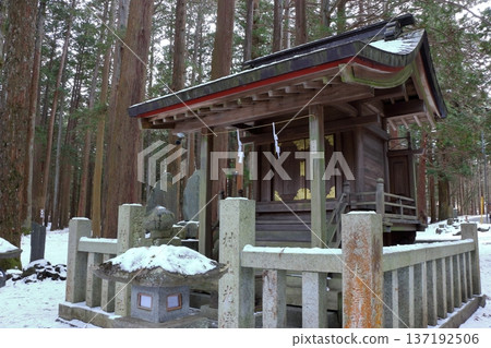 Kitaguchi Hongu Sengen Jinja Shrine in Fujiyoshida of Yamanashi Japan during the winter. This is the traditional Shinto entrance to the path to the summit of Mt. Fuji, and dates from the year 100AD Kitaguchi Hongu Sengen Jinja Shrine in Fujiyoshida of Yamanashi Japan during the winter. This is the traditional Shinto entrance to the path to the summit of Mt. Fuji, and dates from the year 100AD 137192506
