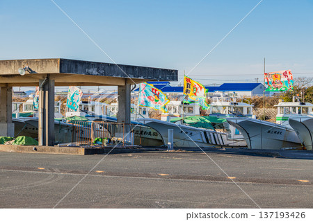 A scene of a large fishing flag at Fukuda Fishing Port in Iwata City A scene of a large fishing flag at Fukuda Fishing Port in Iwata City 137193426