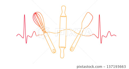 One line drawing of heartbeat combined with baking tools: rolling pin, whisk, and rubber spatula. One line drawing of heartbeat combined with baking tools: rolling pin, whisk, and rubber spatula. 137193663