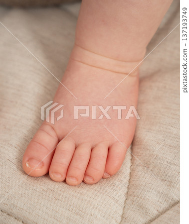Close-up of a newborn babys foot resting on soft beige fabric. Gentle natural light and warm tones create a cozy, tender atmosphere ideal for parenting, maternity, childcare, and newborn-themed Close-up of a newborn babys foot resting on soft beige fabric. Gentle natural light and warm tones create a cozy, tender atmosphere ideal for parenting, maternity, childcare, and newborn-themed 137193749