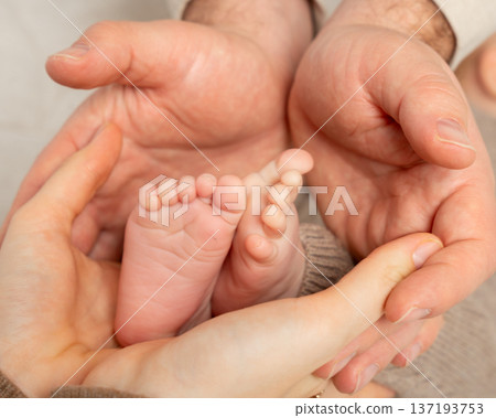 Tender moment of parents holding their newborn babys tiny feet. Warm natural tones and soft light highlight themes of care, family bonding, love, parenthood, and the beauty of early childhood. Tender moment of parents holding their newborn babys tiny feet. Warm natural tones and soft light highlight themes of care, family bonding, love, parenthood, and the beauty of early childhood. 137193753