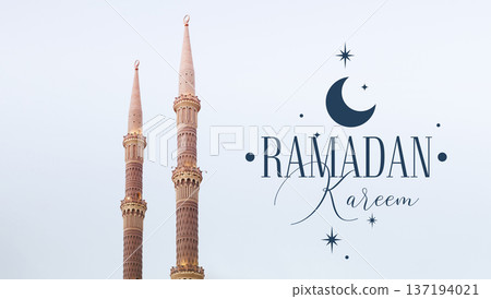 Eid Mubarak card in minimalists style, Arabic style Ramadan Kareem poster with minarets of mosque against clear blue sky and greeting text Eid Mubarak card in minimalists style, Arabic style Ramadan Kareem poster with minarets of mosque against clear blue sky and greeting text 137194021