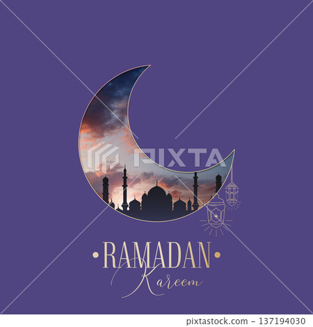Eid Mubarak card in minimalists style, Arabic style Ramadan Kareem poster with collage of mosque and decorative arch 137194030