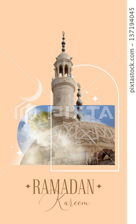 Eid Mubarak carol in minimalists style, Arabic style Ramadan Kareem poster with collage of mosque and decorative arch 137194045