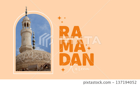 Eid Mubarak carol in minimalists style, Arabic style Ramadan Kareem poster with collage of mosque and decorative arch Eid Mubarak carol in minimalists style, Arabic style Ramadan Kareem poster with collage of mosque and decorative arch 137194052