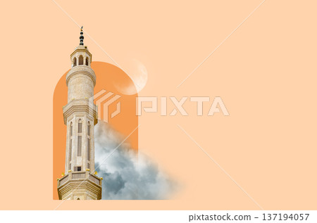 Eid Mubarak carol in minimalists style, Arabic style Ramadan Kareem poster with collage of mosque and decorative arch Eid Mubarak carol in minimalists style, Arabic style Ramadan Kareem poster with collage of mosque and decorative arch 137194057