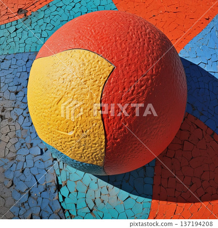 Colorful Sphere on Cracked Mosaic Surface Abstract Art with Vibrant Red, Yellow, Blue Colors 137194208