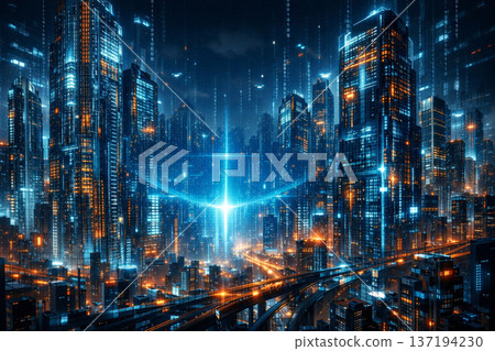 Futuristic Cyberpunk City Digital Code Background for Technology Thriller Futuristic Cyberpunk City Digital Code Background for Technology Thriller 137194230