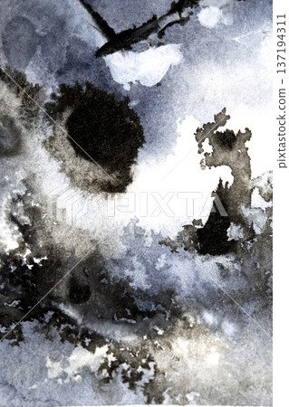 Abstract black and grey watercolour paint and ink swirling on white paper background to look like clouds and monochrome wash Abstract black and grey watercolour paint and ink swirling on white paper background to look like clouds and monochrome wash 137194311