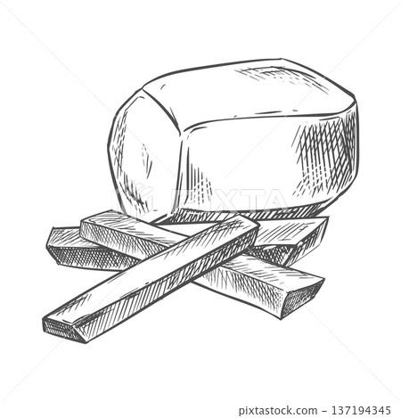 Vector sketch of a potato. Peeled tuber and vegetable pieces on a table. Ink outline drawing. Hand-drawn. Imitation of an engraving. A nutritious agricultural crop. Vector sketch of a potato. Peeled tuber and vegetable pieces on a table. Ink outline drawing. Hand-drawn. Imitation of an engraving. A nutritious agricultural crop. 137194345