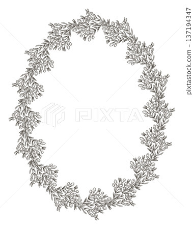 Oval wreath with wildflower and copy space in vintage sketch style. Hand drawn vector decorative festive design. Graphic drawing ideal for Easter card template. Perfect for spring holiday season. Oval wreath with wildflower and copy space in vintage sketch style. Hand drawn vector decorative festive design. Graphic drawing ideal for Easter card template. Perfect for spring holiday season. 137194347