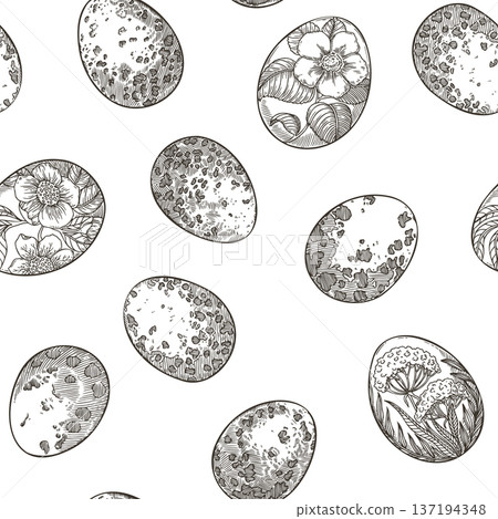 Easter seamless pattern with painted quail eggs black and white background. Hand drawn vector scattered design in vintage style. Outline art print for wallpaper. Perfect for holiday fabric and paper. Easter seamless pattern with painted quail eggs black and white background. Hand drawn vector scattered design in vintage style. Outline art print for wallpaper. Perfect for holiday fabric and paper. 137194348
