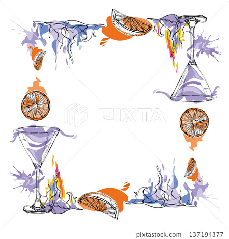 Lavender aviation cocktail in martini glass, burning flames, orange juice and slices. Hand drawn ink silhouettes modern vector frame. Isolated for event graphics, nightlife branding, recipe spreads. Lavender aviation cocktail in martini glass, burning flames, orange juice and slices. Hand drawn ink silhouettes modern vector frame. Isolated for event graphics, nightlife branding, recipe spreads. 137194377