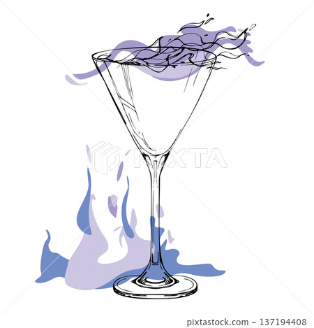 Minimalist flaming cocktail in martini cocktail glass with hand drawn ink outline, vector liquid fire fill. Burning alcohol serve. Isolated illustration for modern drink collections or digital menus. Minimalist flaming cocktail in martini cocktail glass with hand drawn ink outline, vector liquid fire fill. Burning alcohol serve. Isolated illustration for modern drink collections or digital menus. 137194408