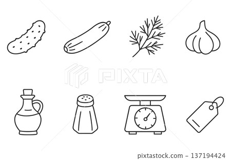 Set of food and kitchen icons: pickle, cucumber, dill, garlic, oil, salt, weight, price tag Set of food and kitchen icons: pickle, cucumber, dill, garlic, oil, salt, weight, price tag 137194424