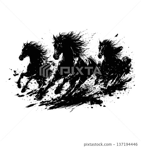 Chinese new year of the horse zodiac brush painting with dynamic ink strokes on white background . Chinese new year of the horse zodiac brush painting with dynamic ink strokes on white background . 137194446