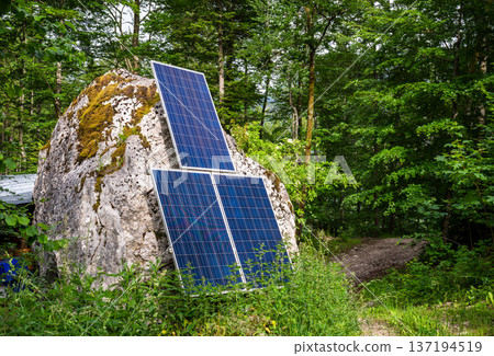 Solar panels mounted on rock in green forest for renewable energy 137194519