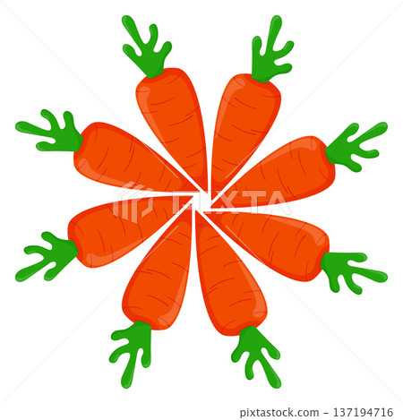 Cute cartoon carrots arranged in a circular wreath pattern. Bright orange and green flat design, perfect for Easter, spring holidays, and food concepts. PNG and Vector illustration Cute cartoon carrots arranged in a circular wreath pattern. Bright orange and green flat design, perfect for Easter, spring holidays, and food concepts. PNG and Vector illustration 137194716