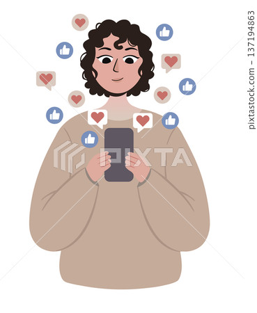 Flat vector illustration of a mobile phone with floating hearts, thumbs up, and like icons, representing online interaction and digital community 137194863