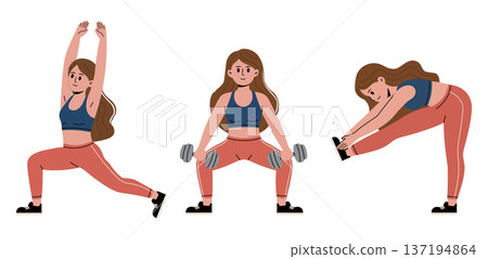 Vector illustration set of female fitness exercises showing various workout poses and movements, perfect for gym apps, sport blogs, and healthy lifestyle designs Vector illustration set of female fitness exercises showing various workout poses and movements, perfect for gym apps, sport blogs, and healthy lifestyle designs 137194864
