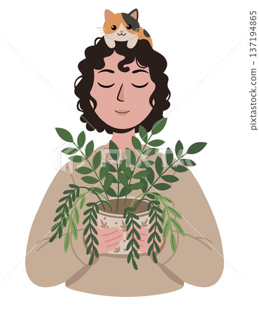 Serene young woman vector illustration holding a potted plant while a cute cat sits balanced on her head, perfect for nature and pet themes 137194865
