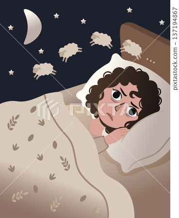Vector illustration of a sleepless person counting jumping sheep while lying wide awake in bed, perfect for insomnia, sleep disorder, and bedtime concepts Vector illustration of a sleepless person counting jumping sheep while lying wide awake in bed, perfect for insomnia, sleep disorder, and bedtime concepts 137194867