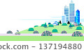 Flat illustration of a person riding a bicycle on a road in a park with blooming azaleas and a group of skyscrapers 137194880