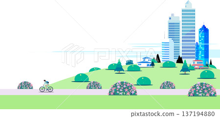 一幅扁平化的插圖，描繪了一個人騎著自行車行駛在公園的道路上，周圍是盛開的杜鵑花和一群摩天大樓。 137194880