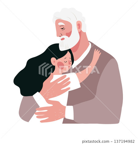 Grandfather hugging granddaughter. Flat vector illustration. Family relationship and generation bond concept. A gray-haired elderly man hugs a child. Design for greeting card. Grandfather hugging granddaughter. Flat vector illustration. Family relationship and generation bond concept. A gray-haired elderly man hugs a child. Design for greeting card. 137194982