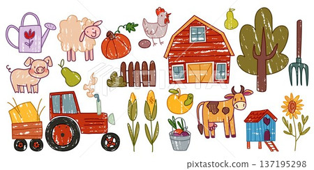 Cute farm animals and tractor isolated on white Cute farm animals and tractor isolated on white 137195298