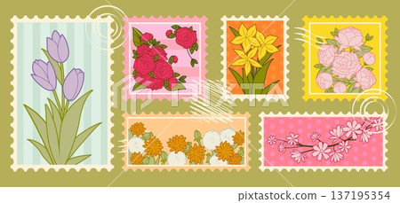 Vintage postage stamp spring collection, vector 137195354