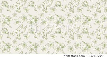 Sketch style spring seamless pattern, flying birds 137195355