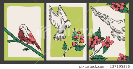 Sketch flying and perched birds, vintage cards Sketch flying and perched birds, vintage cards 137195356