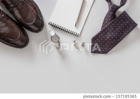 Business accessories flat lay with shoes tie watch and notebook Business accessories flat lay with shoes tie watch and notebook 137195365