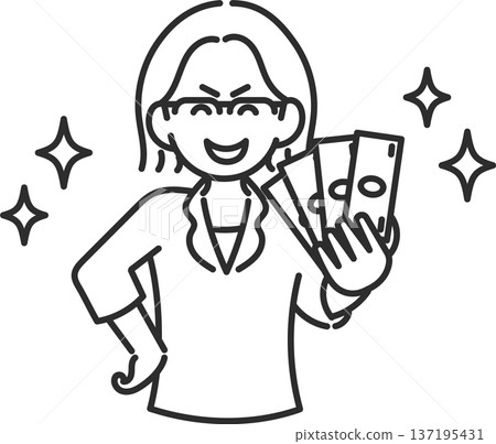Illustration of a smiling woman in her 40s holding a banknote in her hand (line drawing only) Illustration of a smiling woman in her 40s holding a banknote in her hand (line drawing only) 137195431