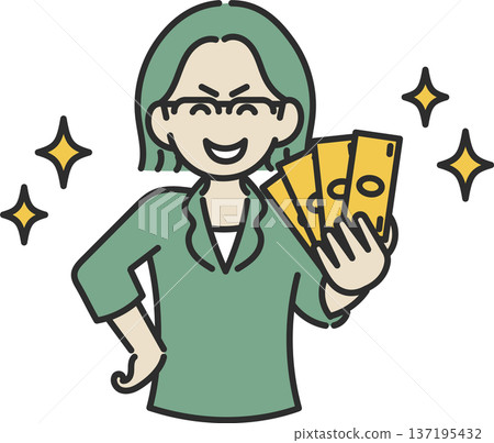 圖：一位40多歲的微笑的女子手持一張鈔票 137195432